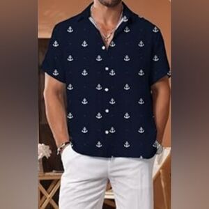 KYKU Men's Button Down Short Sleeve Shirt, One Pocket | Navy with White Anchors
